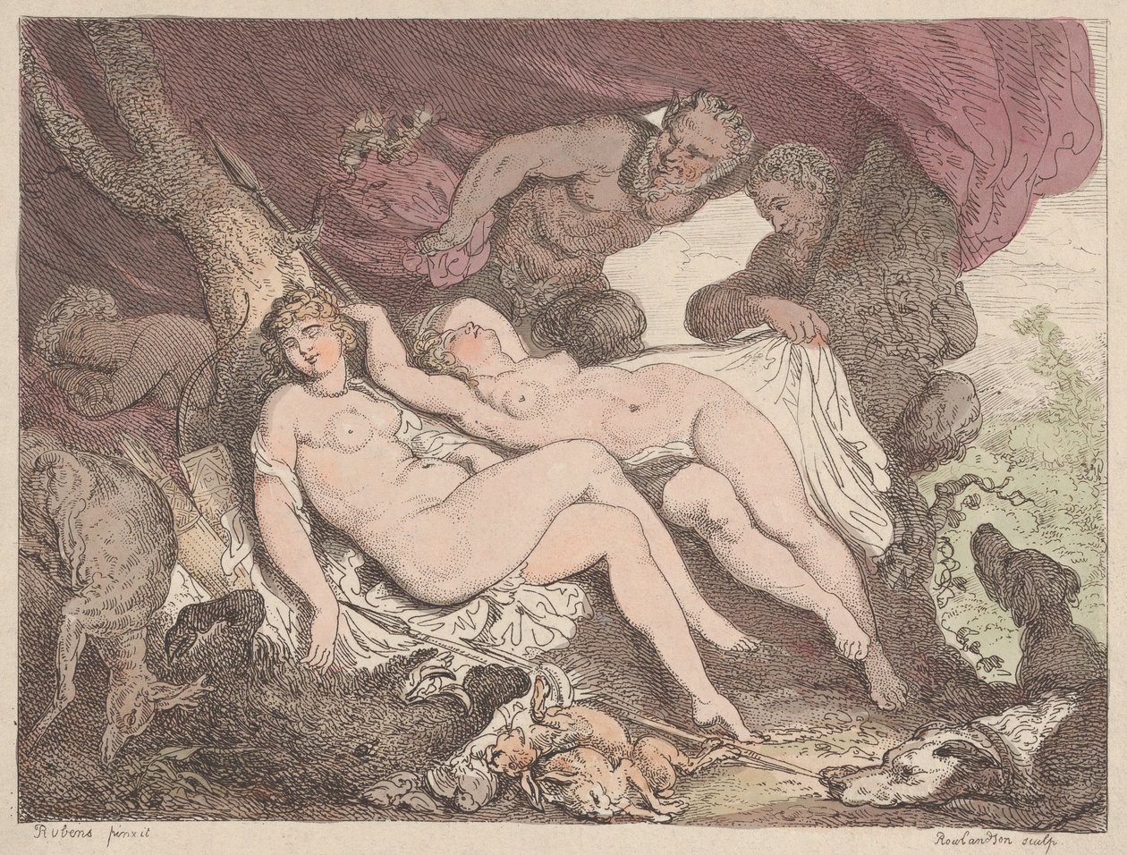 Diana a její nymfy špehovali Satyry, 1790-1799., 1790-1799. od Thomas Rowlandson