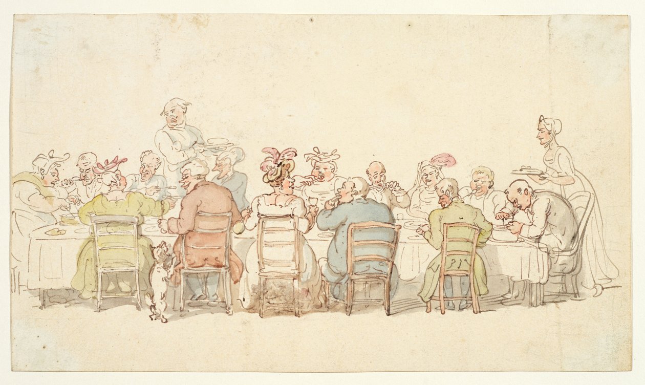 Večeře, 19. století (grafit, pero a hnědý inkoust, akvarel na tkaném papíře) od Thomas Rowlandson