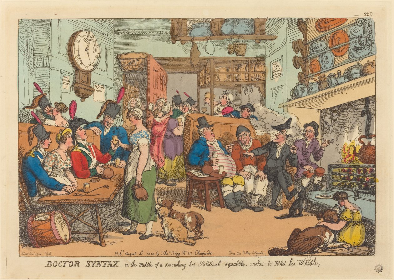 Doktor Syntax, uprostřed kouřící horké politické hádky, si přeje namočit si pískání od Thomas Rowlandson