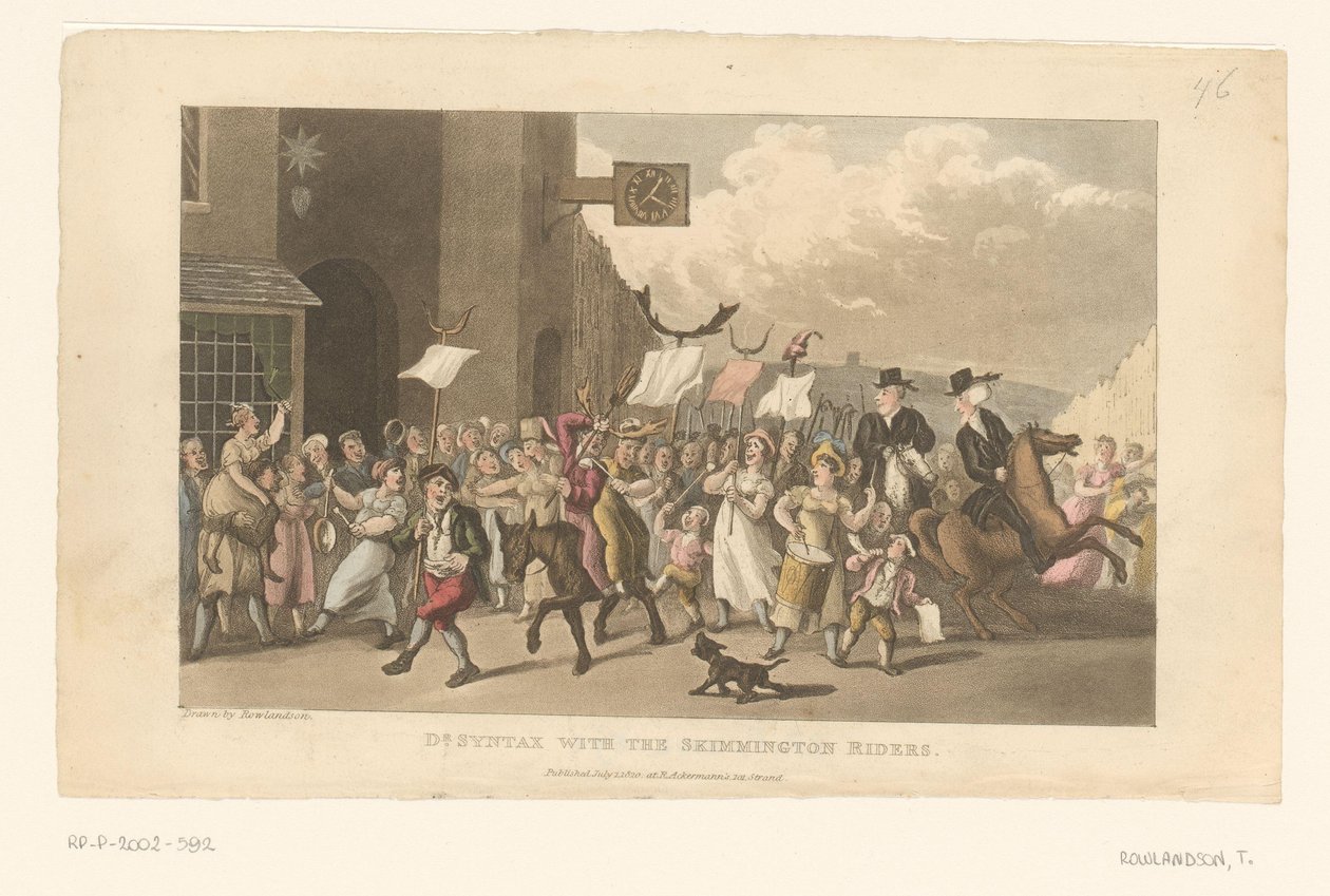 Doktor Syntax jede na koni spolu s charivari od Thomas Rowlandson