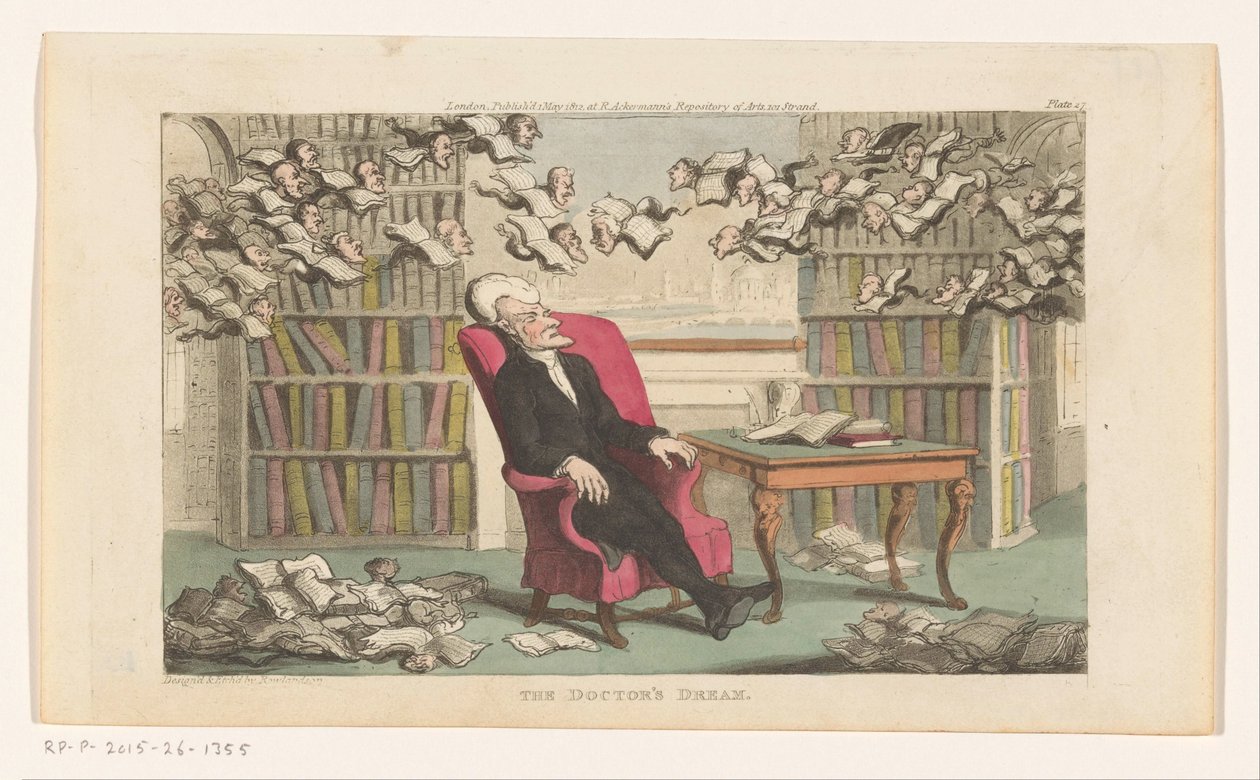 Doktor Syntax spí v knihovně Doktorův sen (název na předmětu) od Thomas Rowlandson