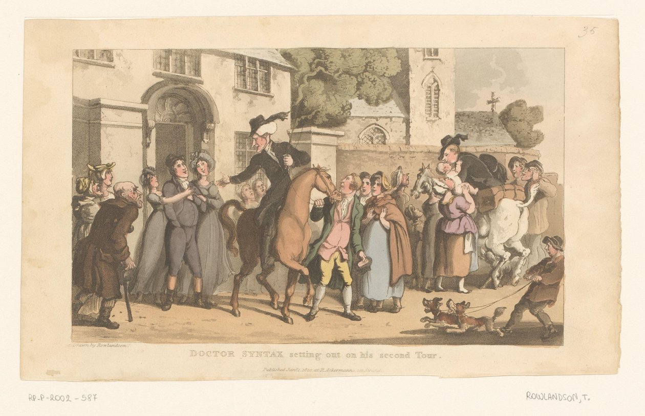 Doktor Syntax odjíždí na koni z vesnice od Thomas Rowlandson
