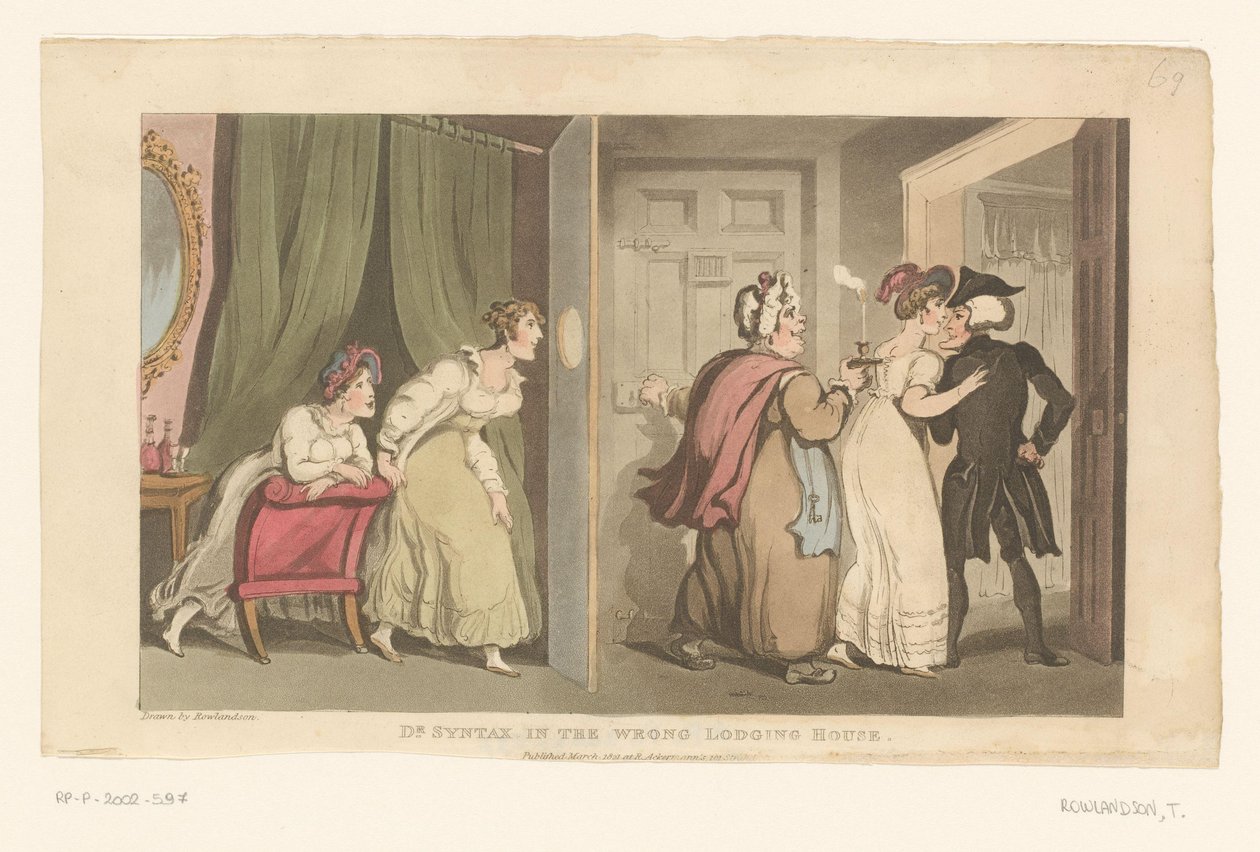 Doktora Syntaxe vedou dveřmi dvě ženy od Thomas Rowlandson