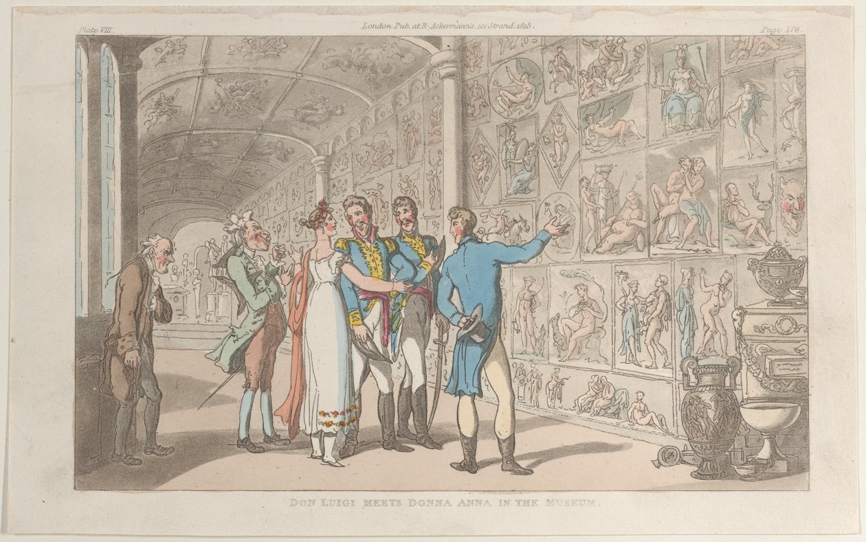 Don Luigi se setkává s Donnou Annou v muzeu z Neapole a Campagna Felice: v..., 1. června 1815. od Thomas Rowlandson