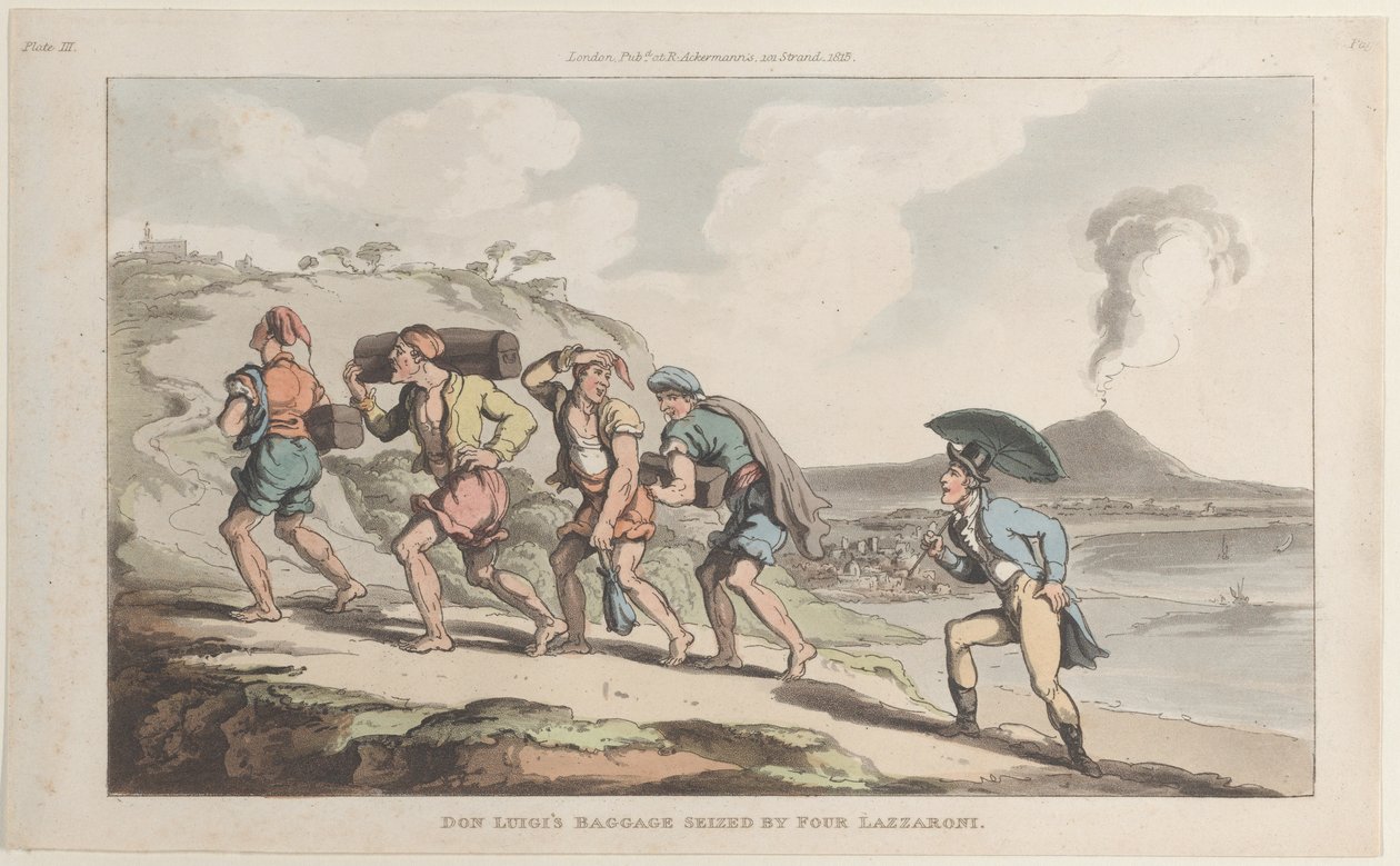 Zavazadlo dona Luigiho zabavené čtyřmi Lazzaroni, z Neapole a Campagna Felice..., 1. června 1815. od Thomas Rowlandson