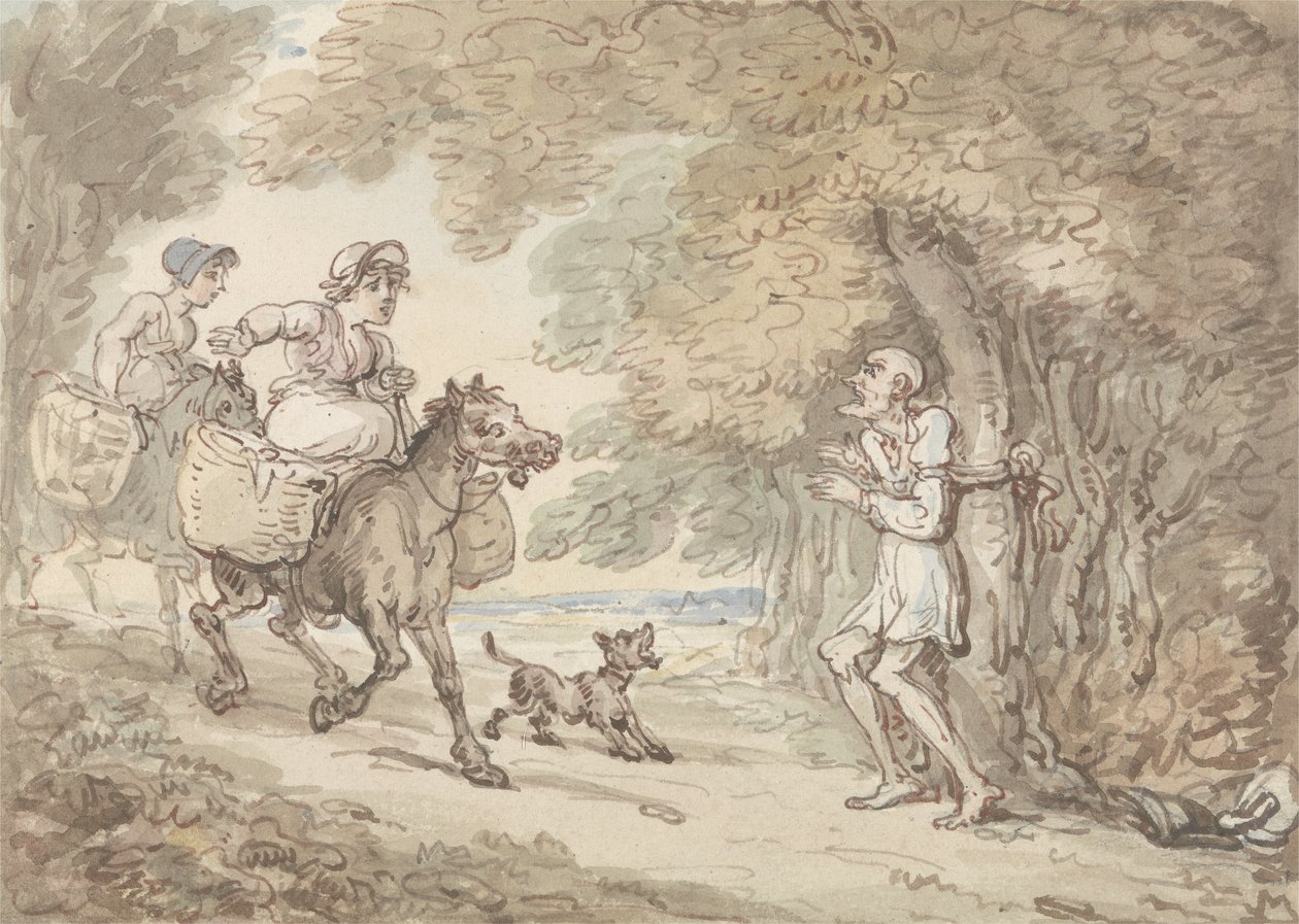 Dr Syntax přivázaný ke stromu Highwaymen (akvarel s perem a inkoustem na papíře) od Thomas Rowlandson