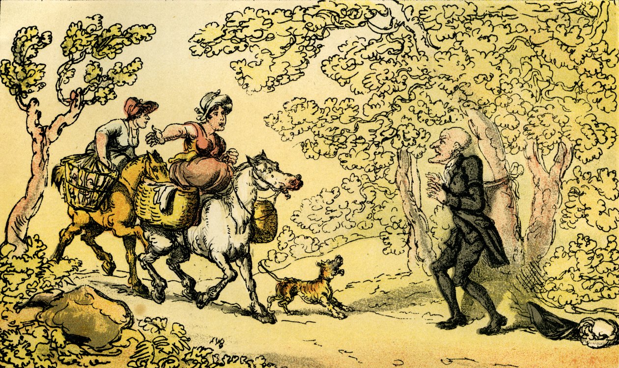 "Doktor Syntax přivázaný ke stromu lupiči" od Thomas Rowlandson