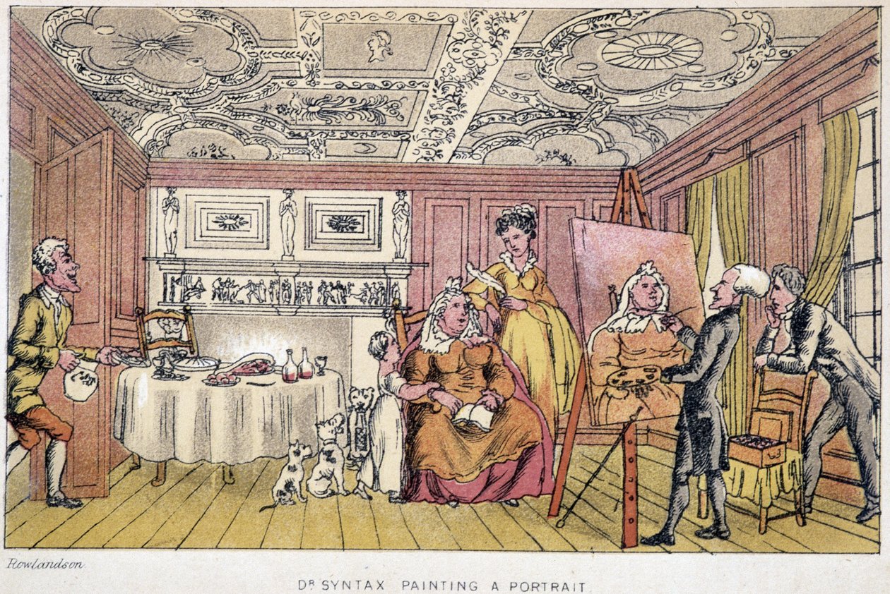 Dr. Syntax maluje portrét – ve „“ třech cestách doktora Syntaxe při hledání malebné útěchy a manželky“ od W. Combe, ill. od Rowlandson, Londýn, Hotten od Thomas Rowlandson