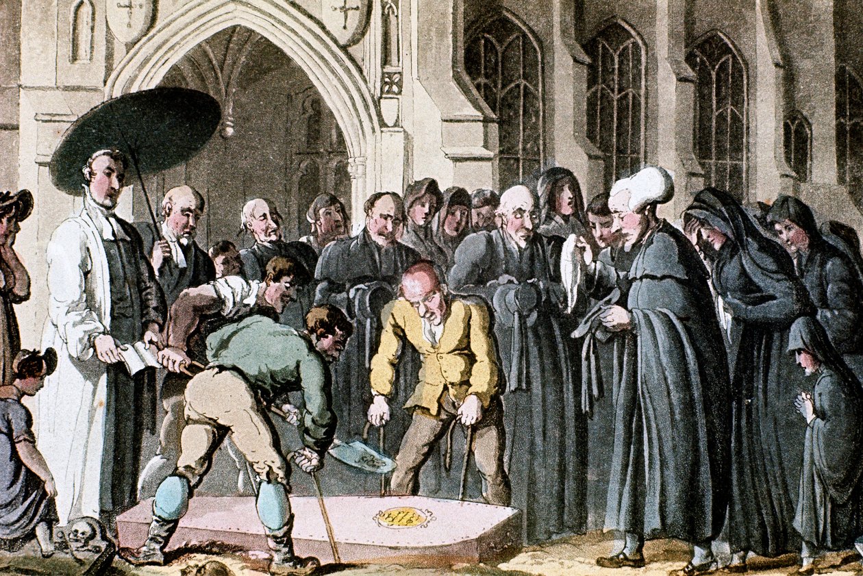 Dr Syntax sleduje spouštění rakve své manželky do hrobu, 1820 od Thomas Rowlandson
