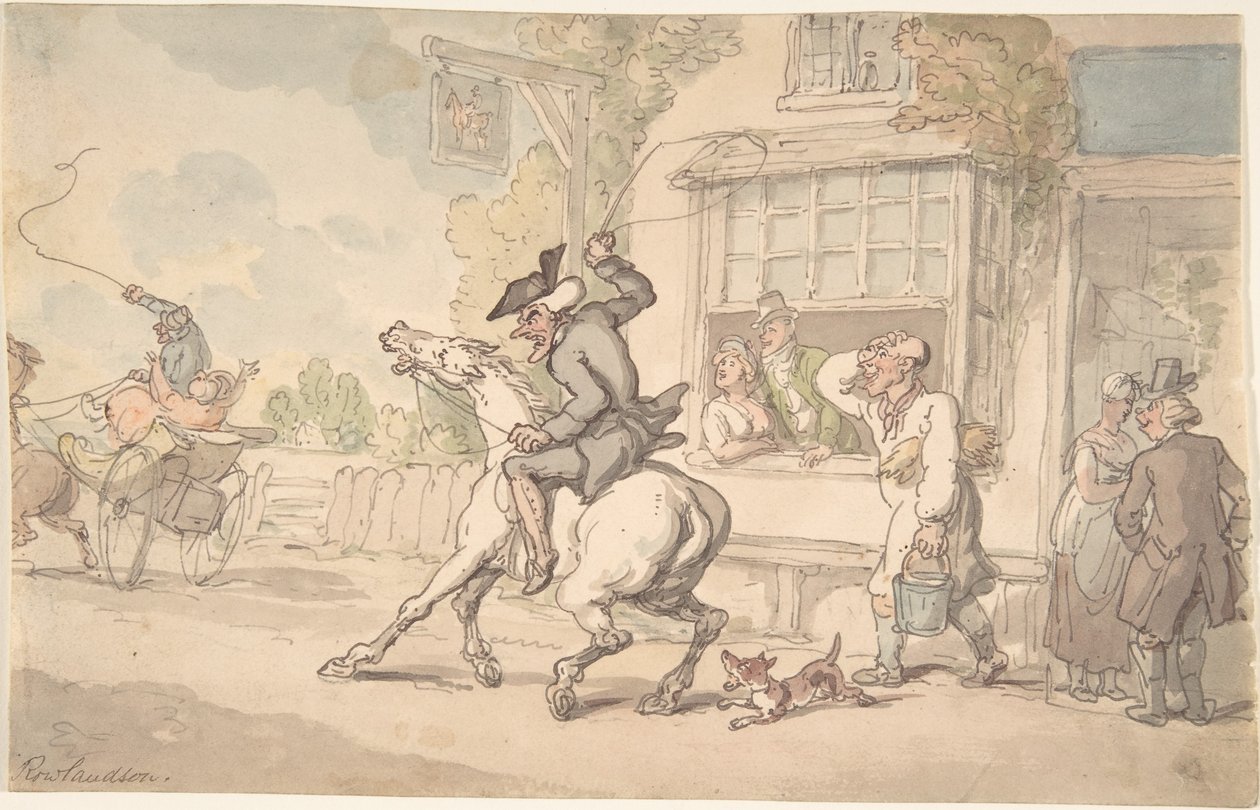 Dr. Syntax s neposlušným koněm před hostincem od Thomas Rowlandson