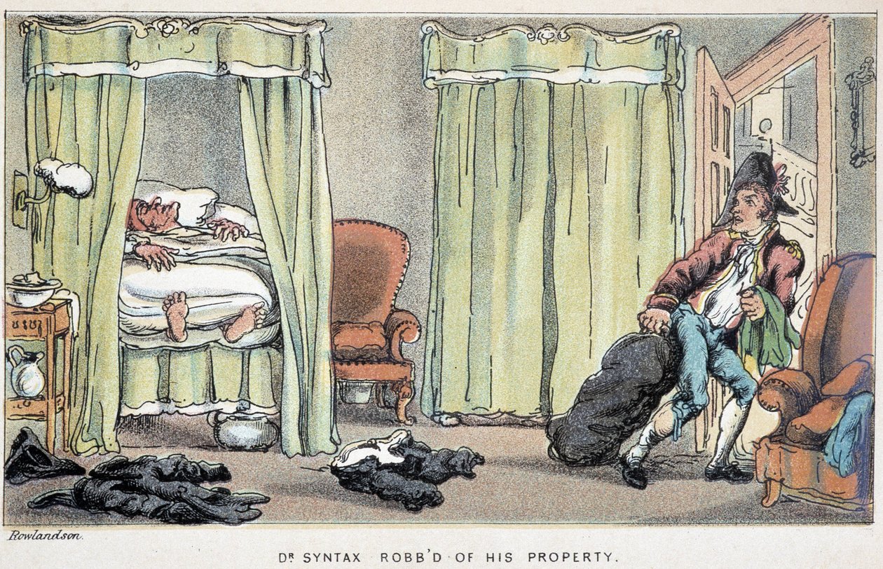 Vloupání do domu Dr. Syntaxe během spánku - ve „“ třech cestách doktora Syntaxe: při hledání malebné útěchy a manželky“ od Williama Combe, nemocného. Rowlandson od Thomas Rowlandson