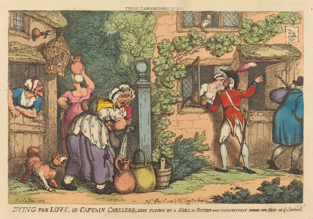 Dying for Love aneb Captain Careless střela od patnáctileté dívky, která nečekaně vystrčila hlavu z okenního křídla od Thomas Rowlandson