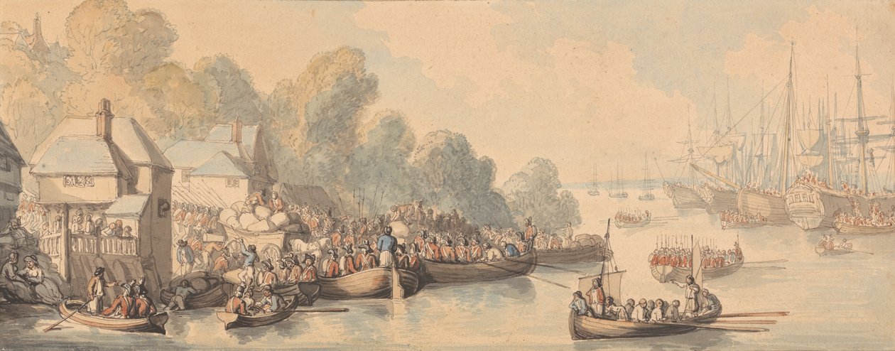Nalodění v Southamptonu, 20. června 1794 (akvarel a pero a hnědý, šedý a červenohnědý inkoust přes grafit na středním, lehce texturovaném, krémově tkaném papíře) od Thomas Rowlandson