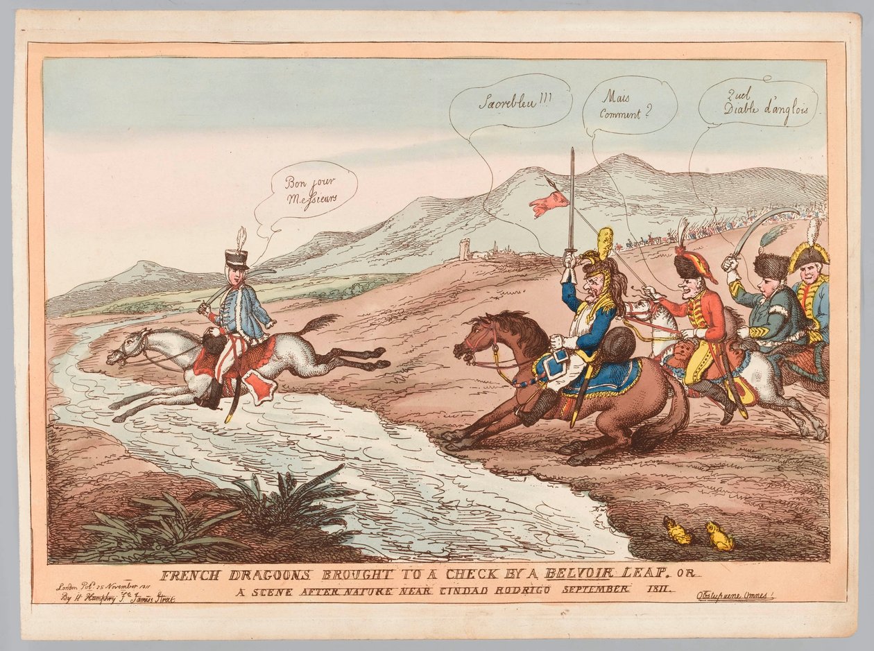 „Anglické způsoby a francouzská obezřetnost nebo francouzští dragouni přivedeni ke kontrole Belvoirovým skokem září 1811“ (rytina, kolorovaná) od Thomas Rowlandson