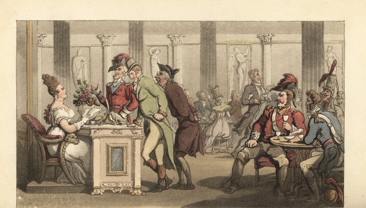 Anglický gentleman flirtuje s Fair Limonadiere v kavárně v Paříži od Thomas Rowlandson