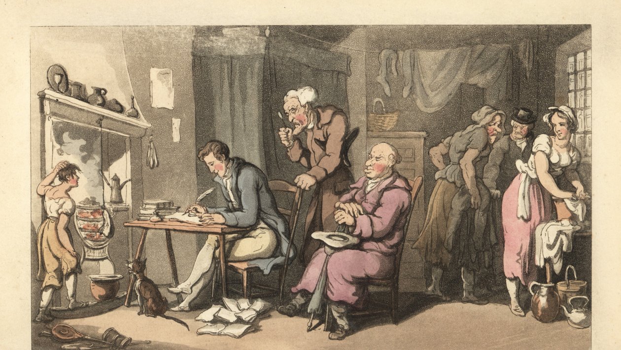 Anglický gentleman píše prosící dopis ve zchátralém salonu od Thomas Rowlandson