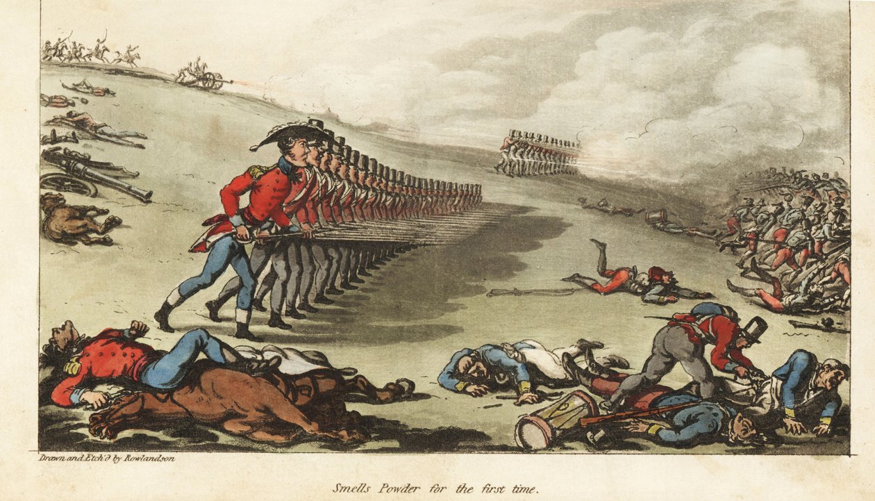 Praporčík Johnny Newcome se účastní své první akce, útoku proti francouzské armádě v bitvě u Salamance od Thomas Rowlandson
