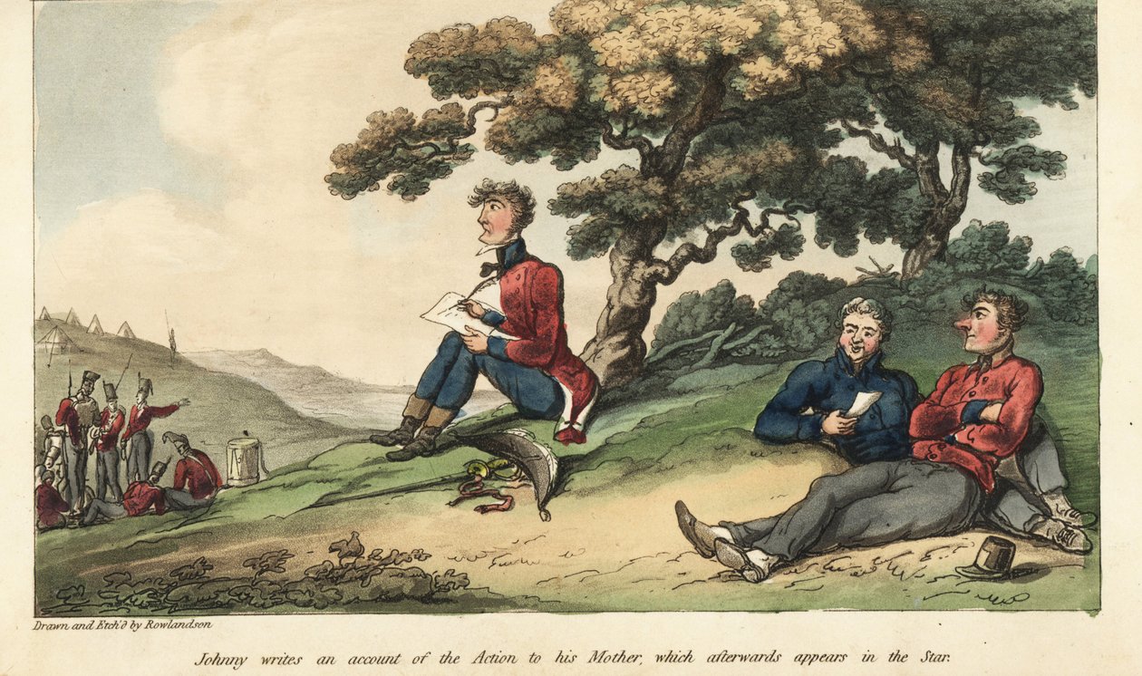 Praporčík Johnny Newcome píše dopis své matce popisující bitvu u Salamance od Thomas Rowlandson