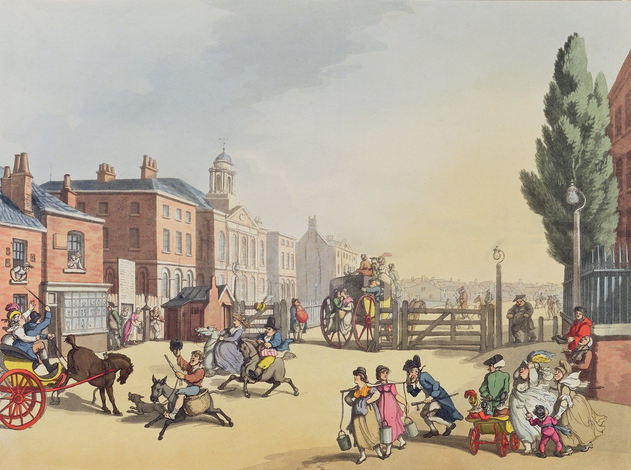 Vjezd do Tottenham Court Road Turnpike s výhledem na kapli sv. Jakuba, vyryl Heinrich Joseph Schutz (1760-1822), hospoda. 1809 od Thomas Rowlandson