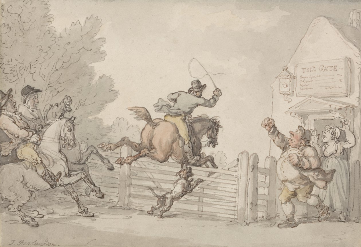 Evading the Toll, c.1805-10 (grafit, pero, inkoust a w/c na papíře) od Thomas Rowlandson
