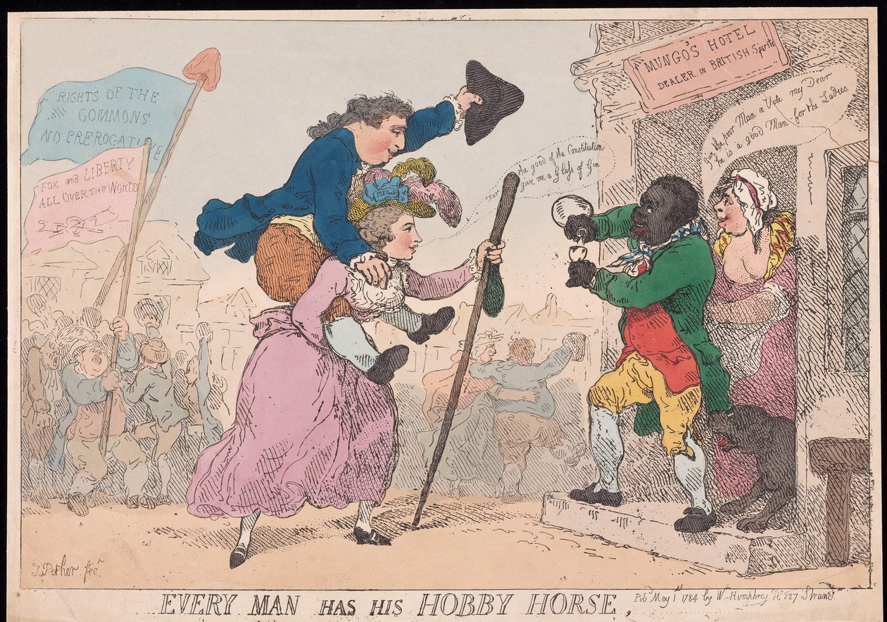 Každý člověk má svého koníčka, hospodu. 1784 (ručně kolorovaná rytina) od Thomas Rowlandson
