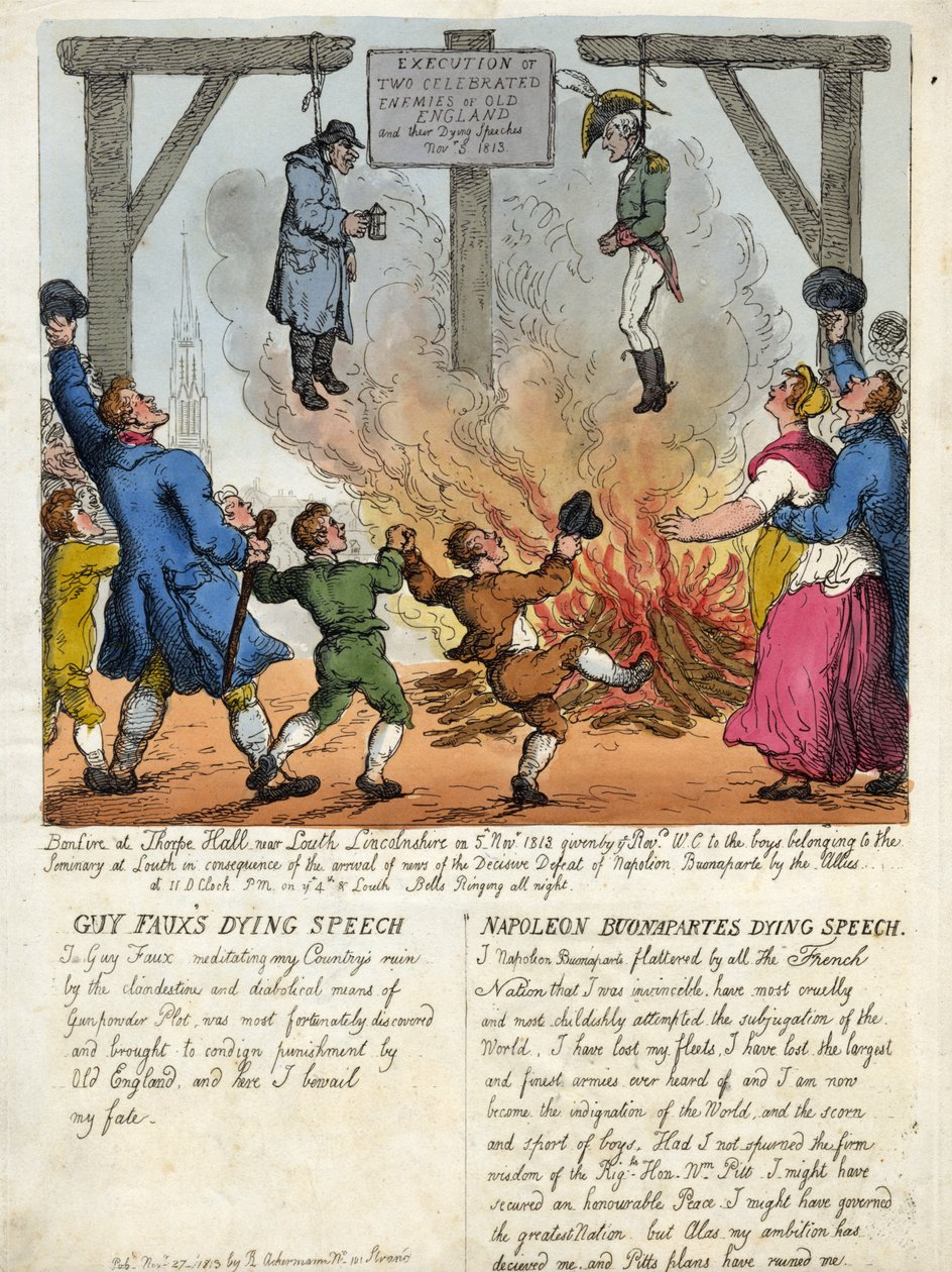 Poprava dvou slavných nepřátel staré Anglie, Guye Fawkese a Napoleona Buonaparta - jejich poslední projev na šibenici. 1813. rytina. od Thomas Rowlandson