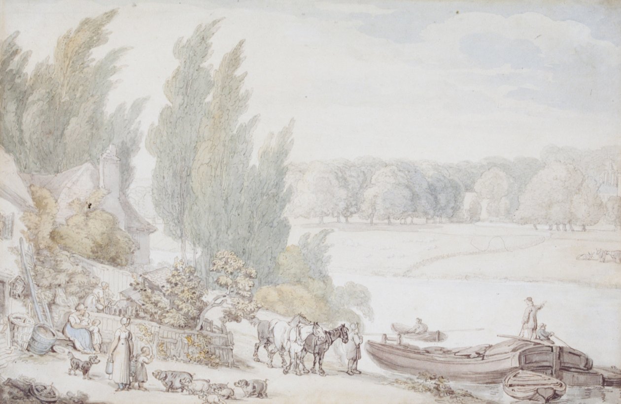 Statek na břehu řeky od Thomas Rowlandson
