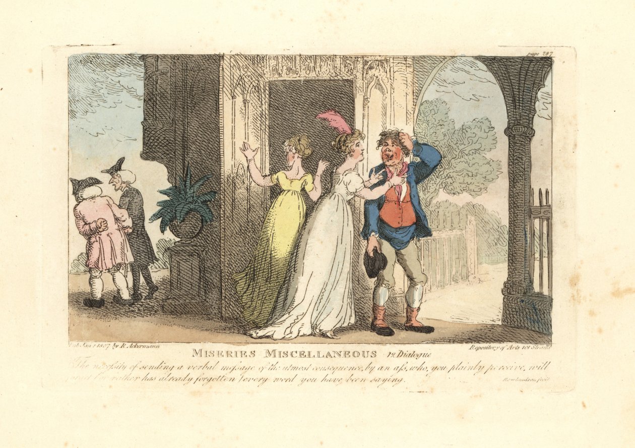 Módní žena posílá verbální zprávu prostřednictvím blázna od Thomas Rowlandson