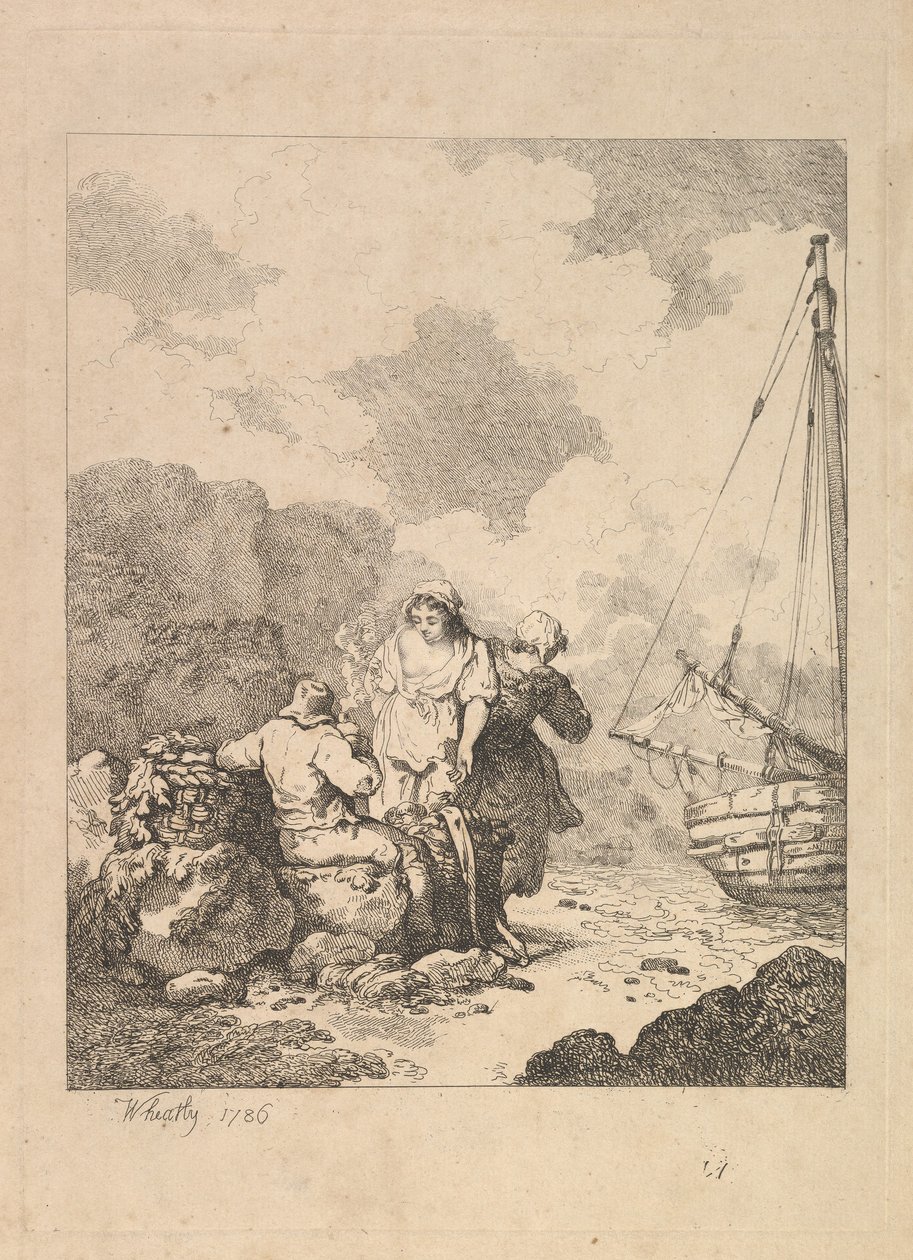 Rybáři u pobřeží - Pobřežní scéna s mužem sedícím na skalách a kouřícím dýmku, Nex..., 1786. od Thomas Rowlandson