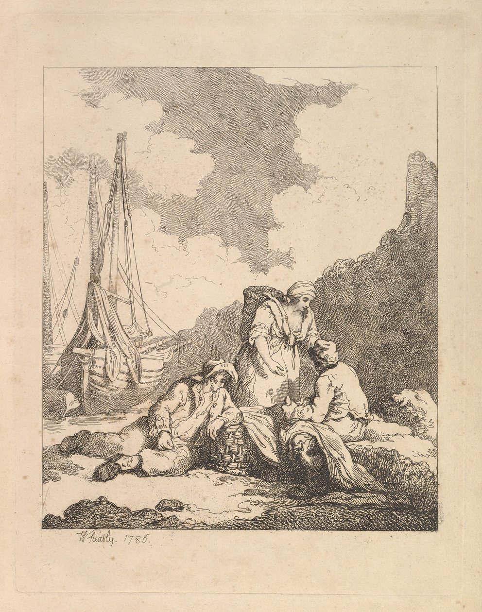 Rybáři u břehu - Pobřežní scéna s mužem sedícím na zemi a opřeným o loket o..., 1786. od Thomas Rowlandson