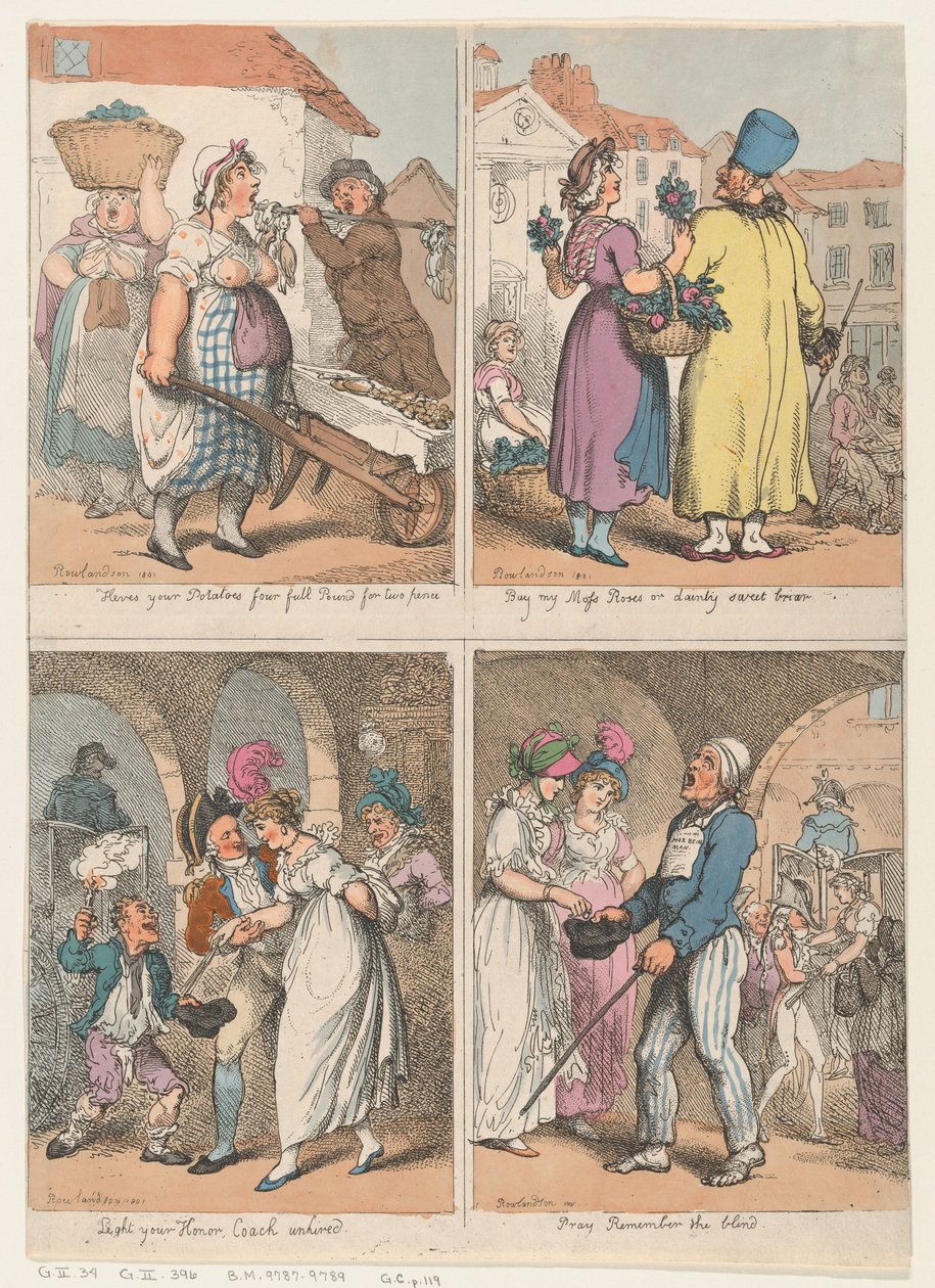 Čtyři scény ze série Cries of London: Tady máš brambory..., Kup můj mech..., 1. srpna 1801. od Thomas Rowlandson