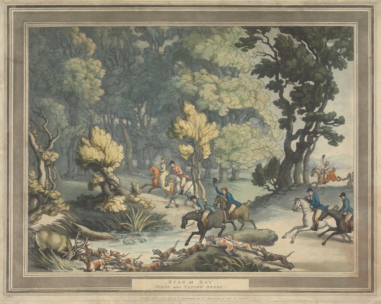 Lov na lišku [sada čtyř obrazů]:  2.  Jelen v úzkých. / Scéna poblíž Taplow v hrabství Berks od Thomas Rowlandson