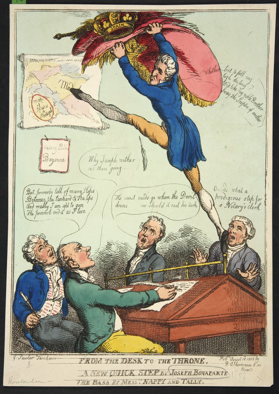 Od stolu k trůnu. Nový rychlý krok od Josepha Bonaparte. The Bass od pánů Nappyho a Talleyho, hospoda. 1808 (ručně kolorovaná rytina) od Thomas Rowlandson