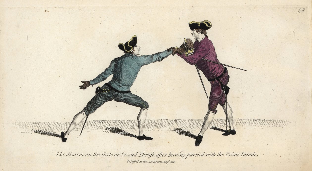 Gentleman šermíř odzbrojující svého protivníka na Carte nebo Second Thrust, poté, co byl odražen s Prime Parade. Ručně kolorovaná mědirytina podle ilustrace Thomase Rowlandsona ze Školy šermu pana Domenica Angela, Londýn od Thomas Rowlandson