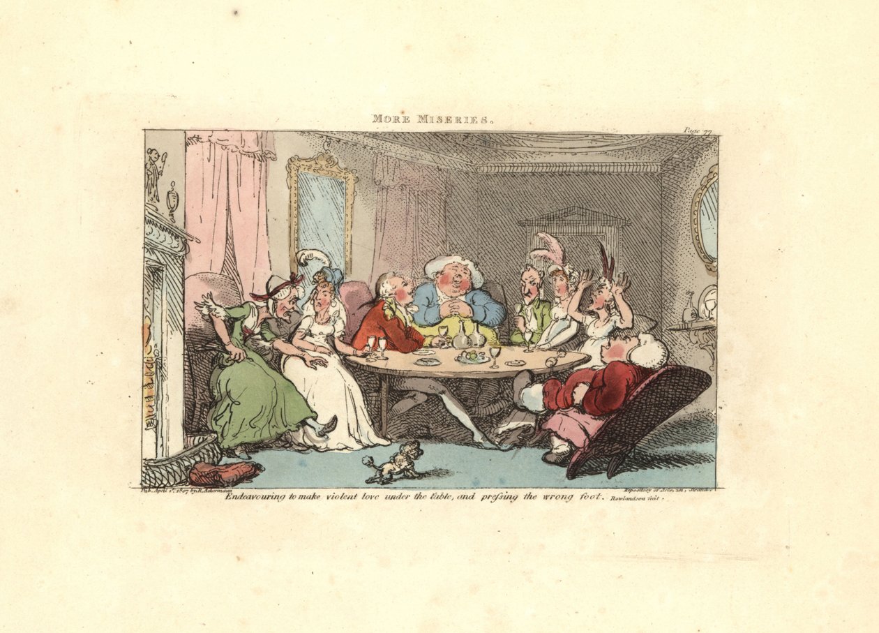 Gentleman se snaží hrát footsie s kráskou u stolu. od Thomas Rowlandson