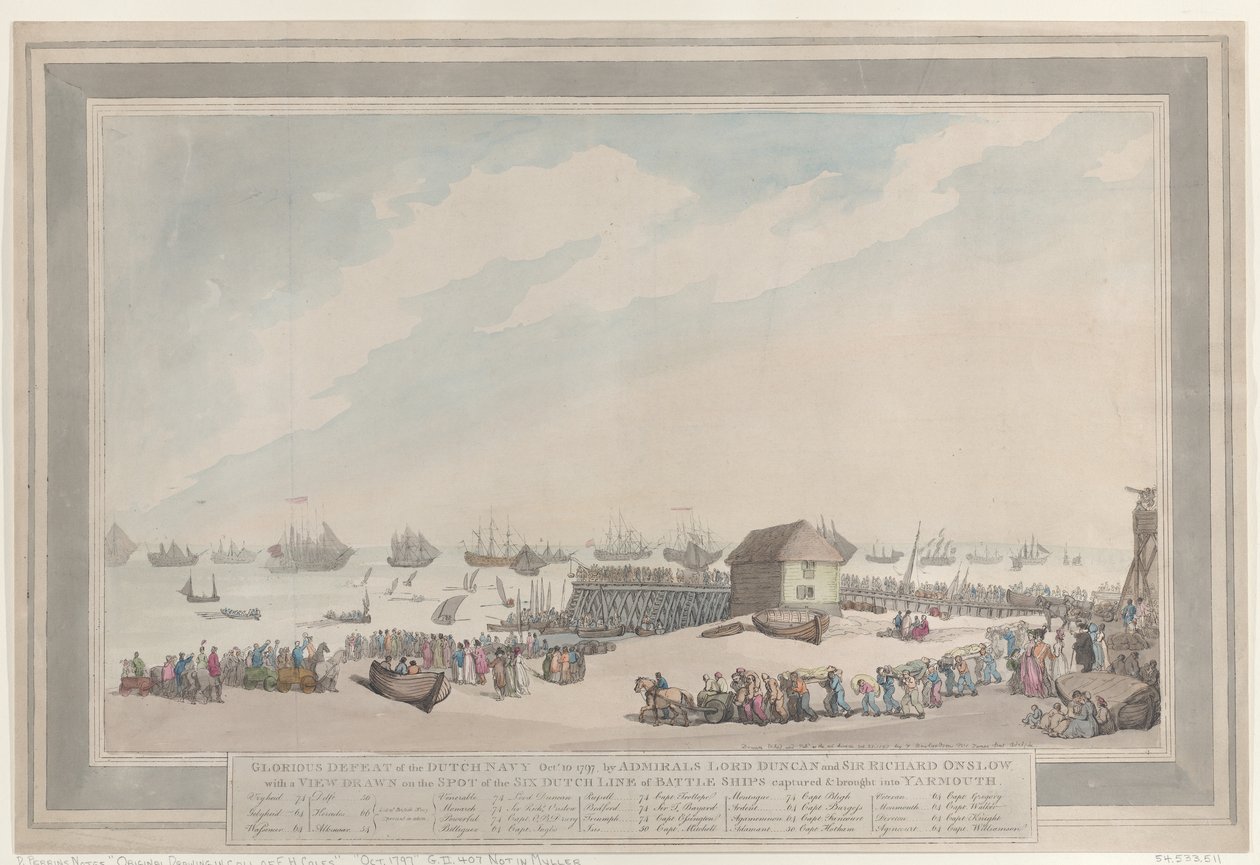 „Slavná porážka nizozemského námořnictva, 10. října 1797“, autoři: admirálové lord Duncan a sir Richard Onslow; s pohledem nakresleným přímo na místě zachycujícím šest nizozemských řadových válečných lodí, které byly zajaty a přivedeny do Yarmouthu od Thomas Rowlandson