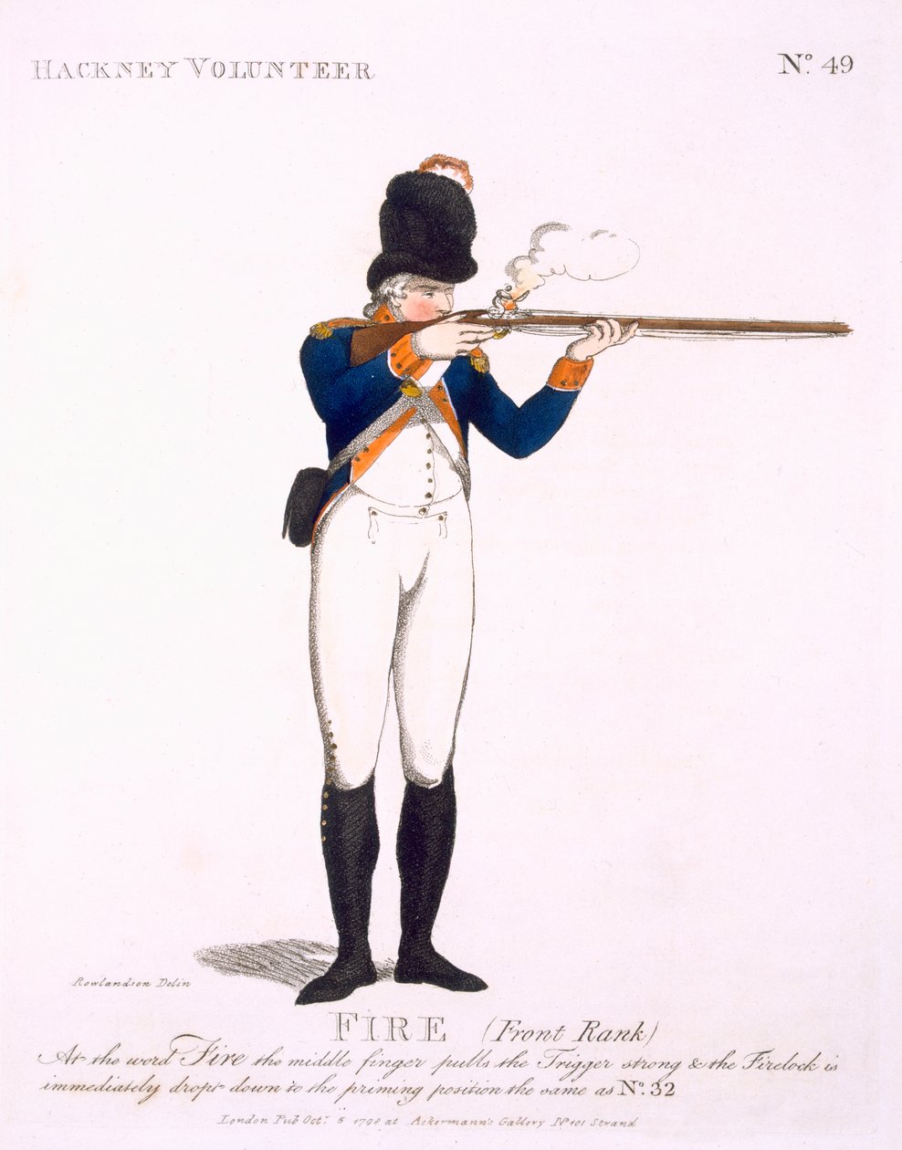 Hackney Volunteer, deska 49 z „Loyal Volunteers of London and Environs“, vydáno 1798 od Thomas Rowlandson