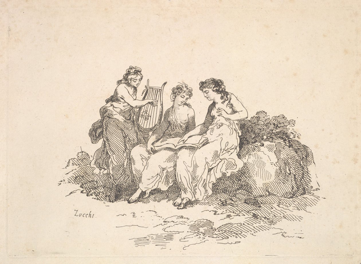 Harmony - Dvě nymfy zpívající, další hrající na lyru, 1784-88. od Thomas Rowlandson