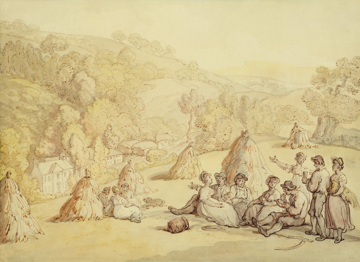 Kombajny odpočívající na kukuřičném poli, cca 1805-10 (pero a inkoust s mytím na papíře) od Thomas Rowlandson