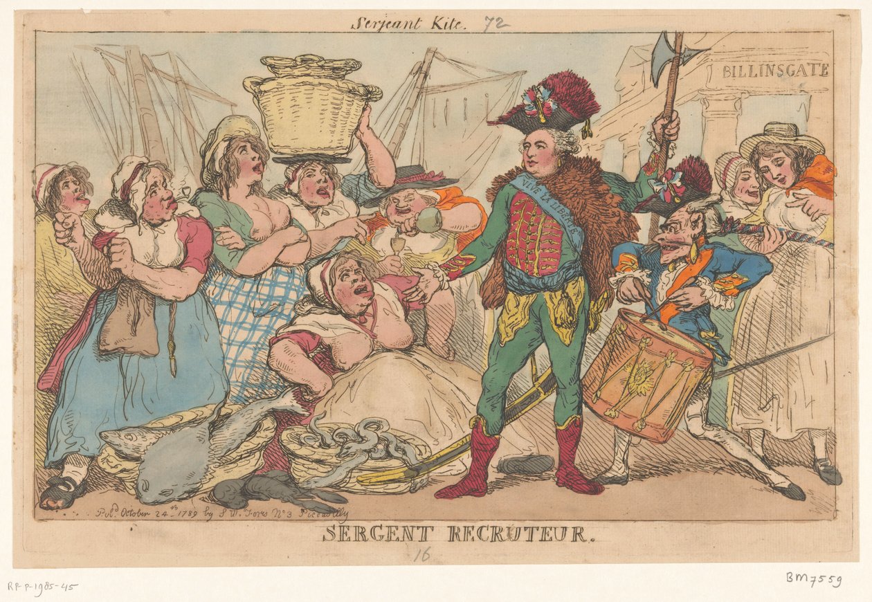 Vévoda z Orléans mezi rybími ženami, 1789 Sergent Recruiter (titul na objektu) od Thomas Rowlandson