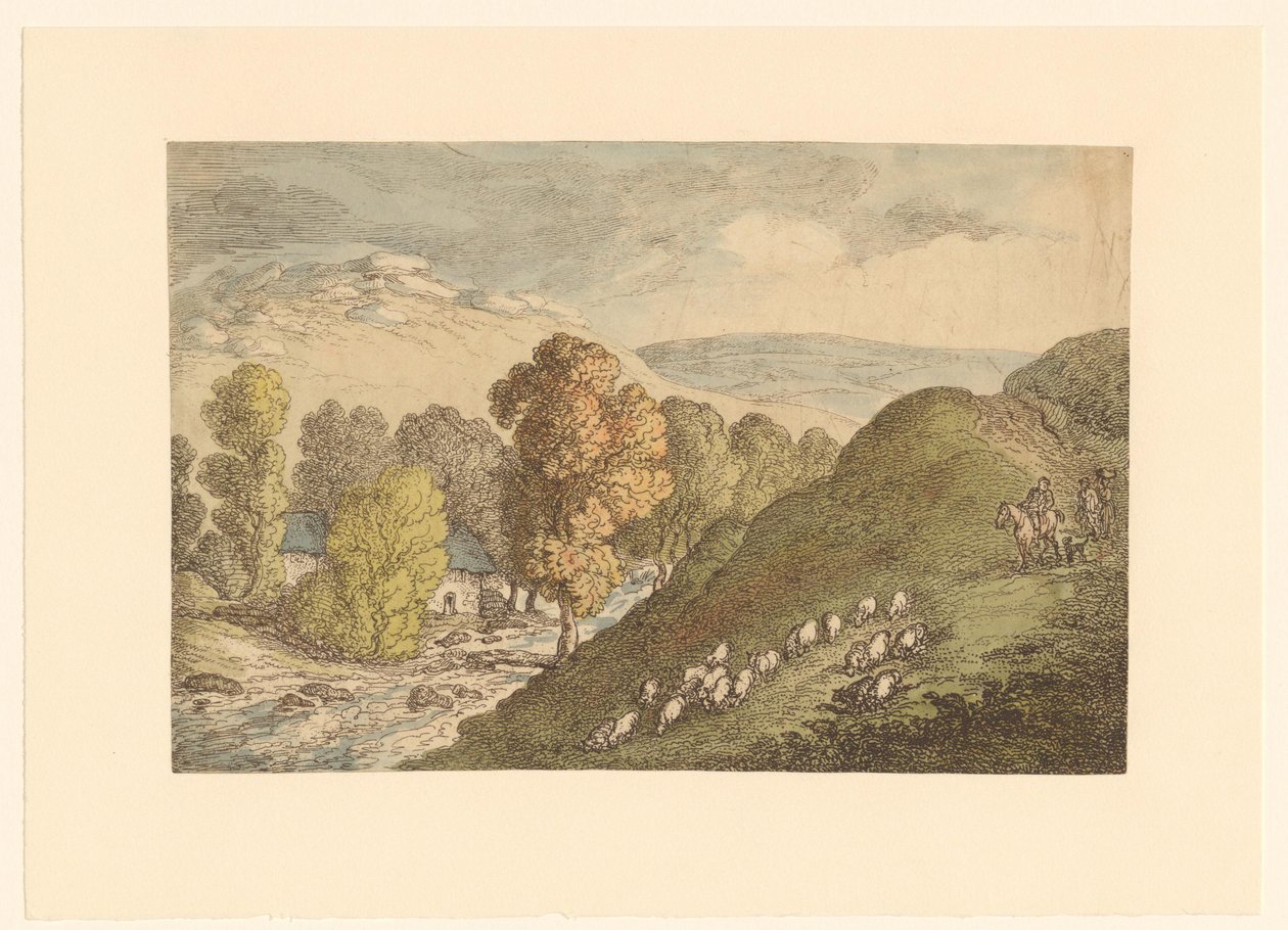Kopcovitá krajina s ovcemi od Thomas Rowlandson