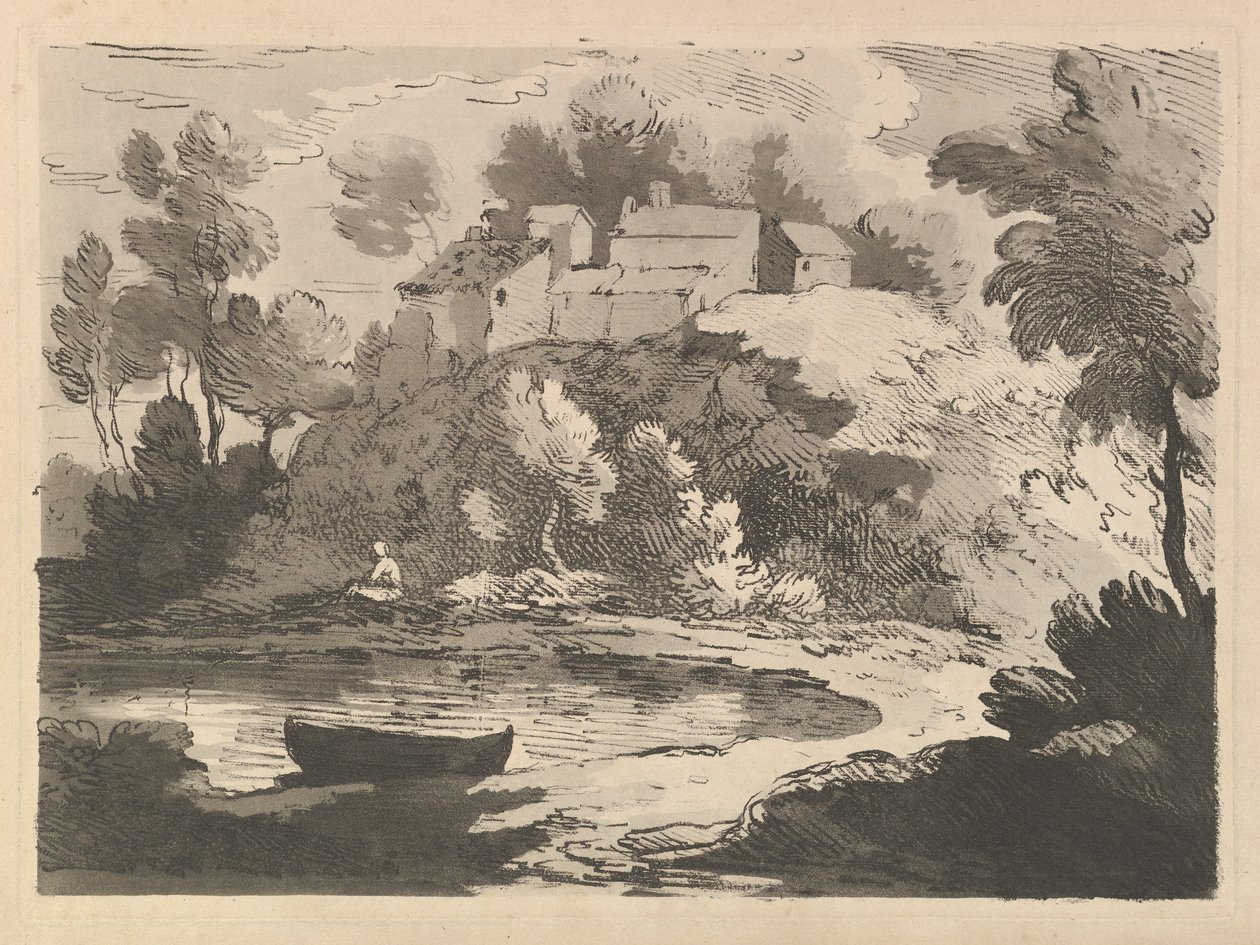 Kopcovitá říční krajina, člun ve vodě vlevo v popředí, postava na Dalekém pobřeží..., 1783-84. od Thomas Rowlandson