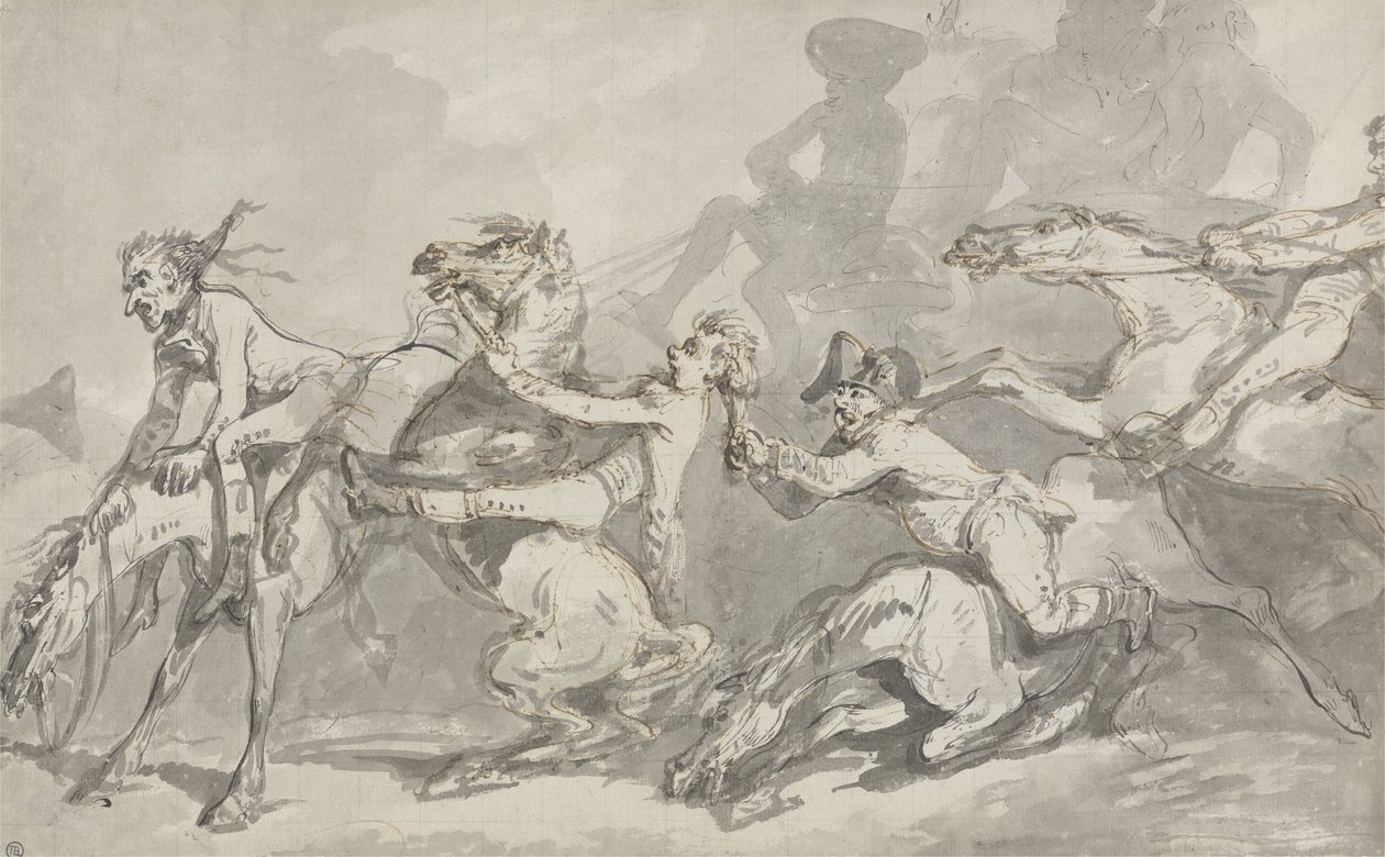 Horsemen Colliding, cca 1785-90 (pero a inkoust s hnědým lavírováním na papíře) od Thomas Rowlandson