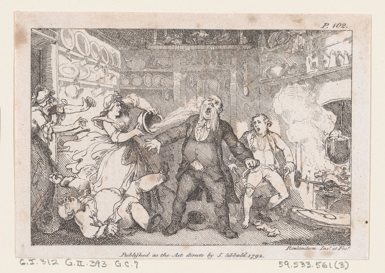 Hosteska vypouští pánev krve do tváře Parsona Andrewse, z The Adventures of..., 1792. od Thomas Rowlandson