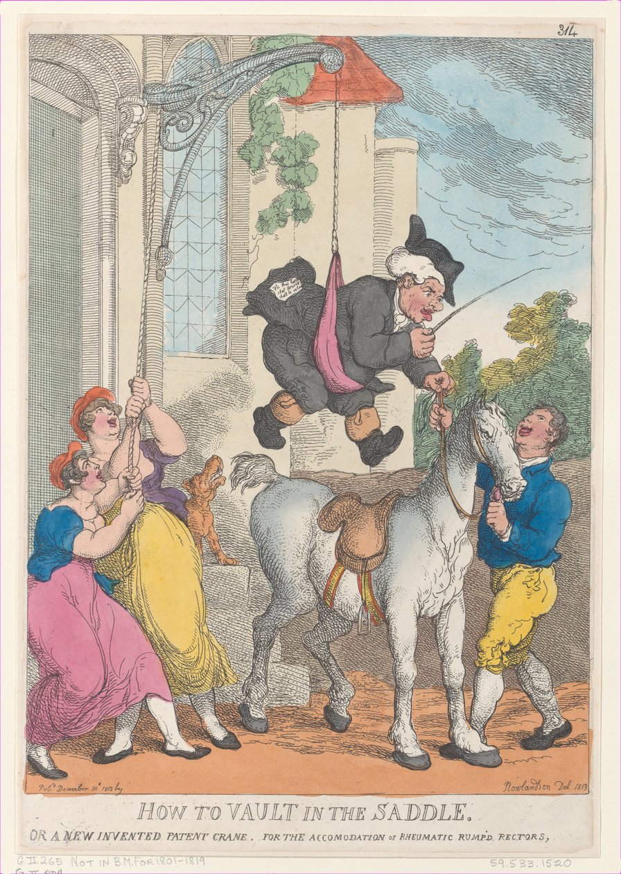 Jak klenout v sedle aneb nový vynález patentový jeřáb pro ubytování..., 30. prosince 1813. od Thomas Rowlandson