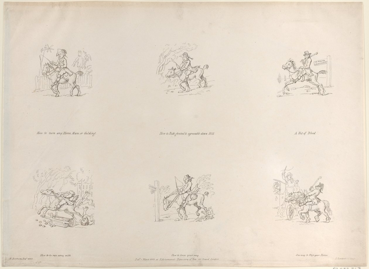 Jak proměnit jakéhokoli koně, klisnu nebo valacha, Jak jezdit noblesně a příjemně dolů Hil..., 1. března 1803. od Thomas Rowlandson