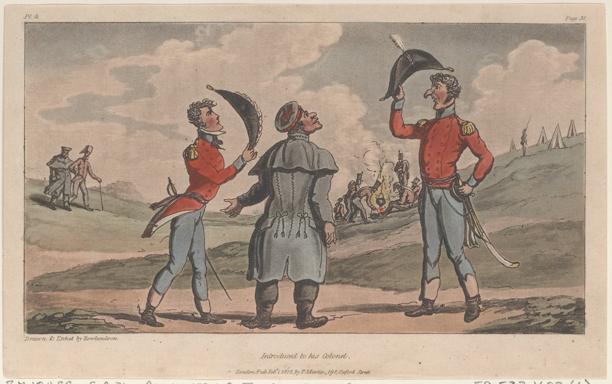 Představen svému plukovníkovi z Vojenských dobrodružství Johnnyho Newcome, 1815., 1815. od Thomas Rowlandson