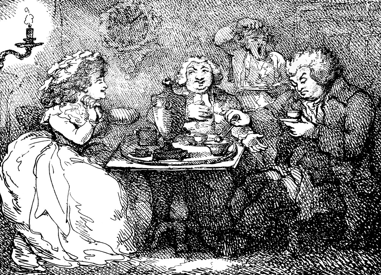 James Boswell, jeho manželka a doktor Johnson na čaji v Edinburghu, 1773, 1786 od Thomas Rowlandson