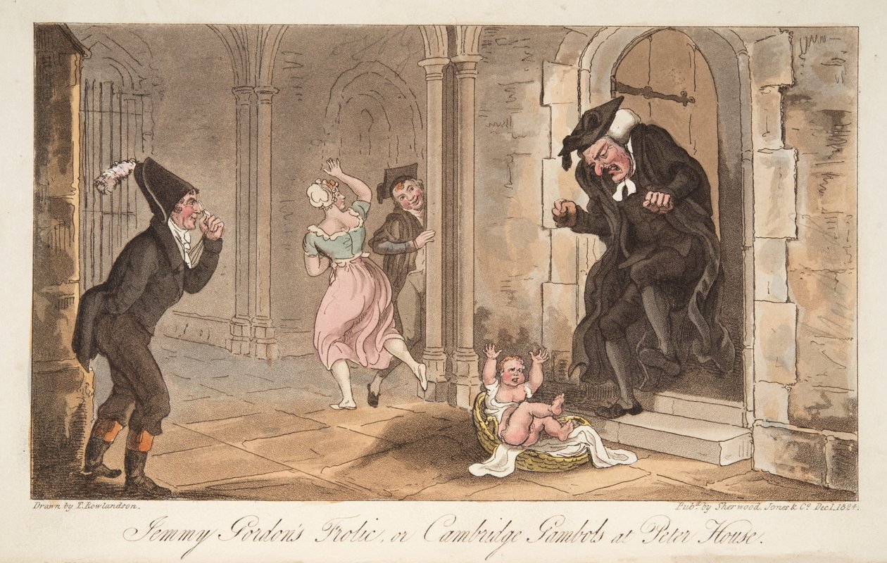 Jemmy Gordons Frolic, nebo Cambridge Gambols v Peter House, z The English Spy, pub. 1824 (ručně kolorovaná rytina) od Thomas Rowlandson