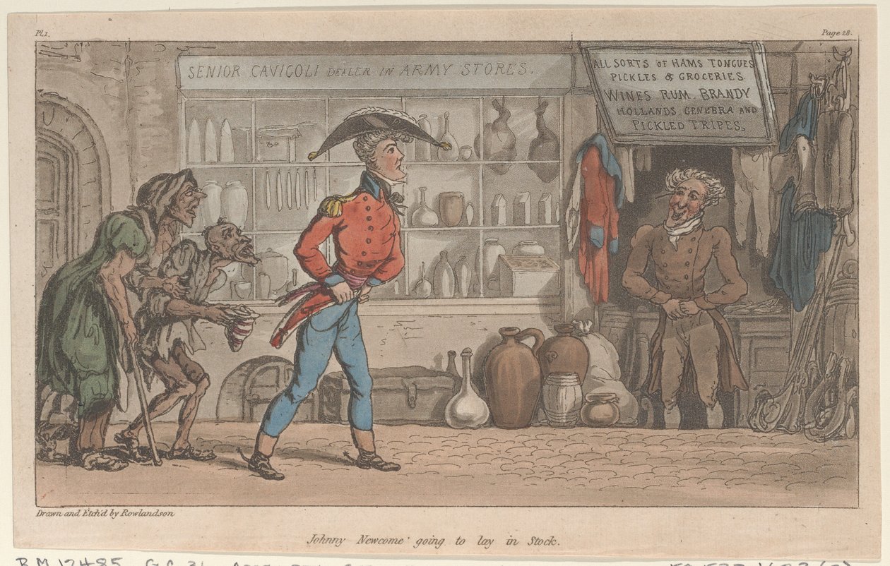 Johnny Newcome bude ležet na skladě, z The Military Adventures of Johnny Newcome, 1815., 1815. od Thomas Rowlandson